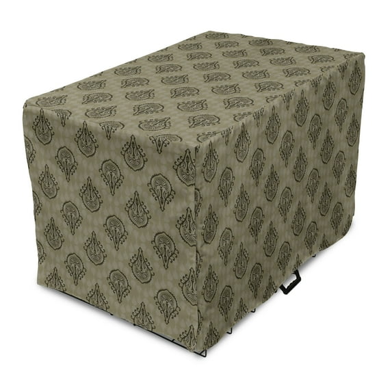 Oriental Dog Crate Cover, Layout of Traditional Motifs in Shades, Easy to Use Pet Kennel Cover Small Dogs Puppies Kittens, 7 Sizes, Green Dark Tan, by Ambesonne