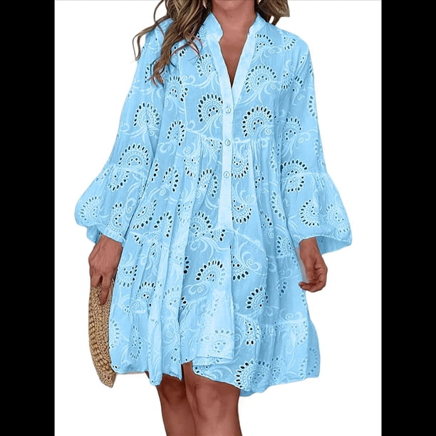 Vestido Bohemio de Encaje con Bordado de Ojales para Mujer, Escote en V, Mangas Acampanadas, Corte Holgado, 2025 Azul S