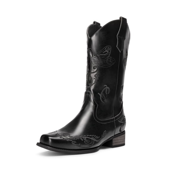 DREAM PAIRS Women's Cowboy Boots Mid Calf Cowgirl Boots Embroidery Stitched Square Toe Western Boots