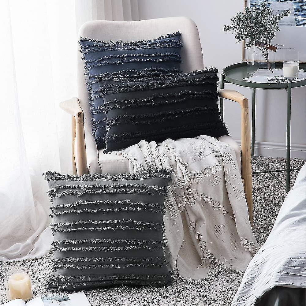 Set Of 2 Decorative Boho Throw Pillow Covers Linen Striped Jacquard Pattern Cushion Covers For Sofa Couch Living Room Bedroom 18x18 Inch Dark Grey Walmart