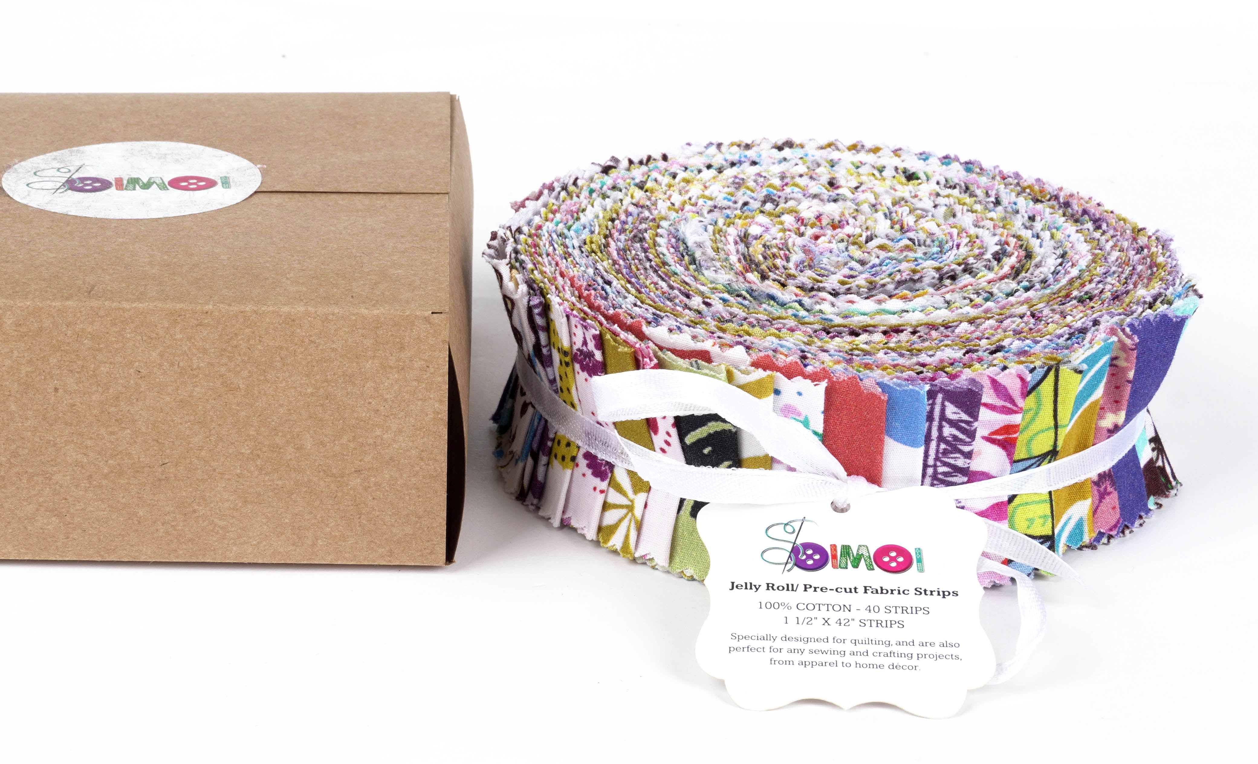 Soimoi 40Pcs Block Print Precut Fabrics Strips Roll Up 1.5x42inches Cotton Jelly Rolls For Quilting - Multicolor