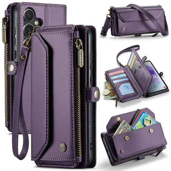 Funda tipo cartera para Samsung Galaxy A55 con bloqueo RFID, tarjetero, cremallera y ranura para billetes, correa magnética de piel sintética suave para el hombro. Funda tipo cartera para mujer