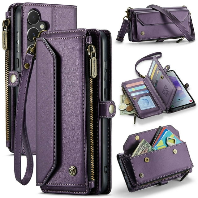 Funda tipo cartera para Samsung Galaxy A55 con bloqueo RFID, tarjetero, cremallera y ranura para billetes, correa magnética de piel sintética suave para el hombro. Funda tipo cartera para mujer