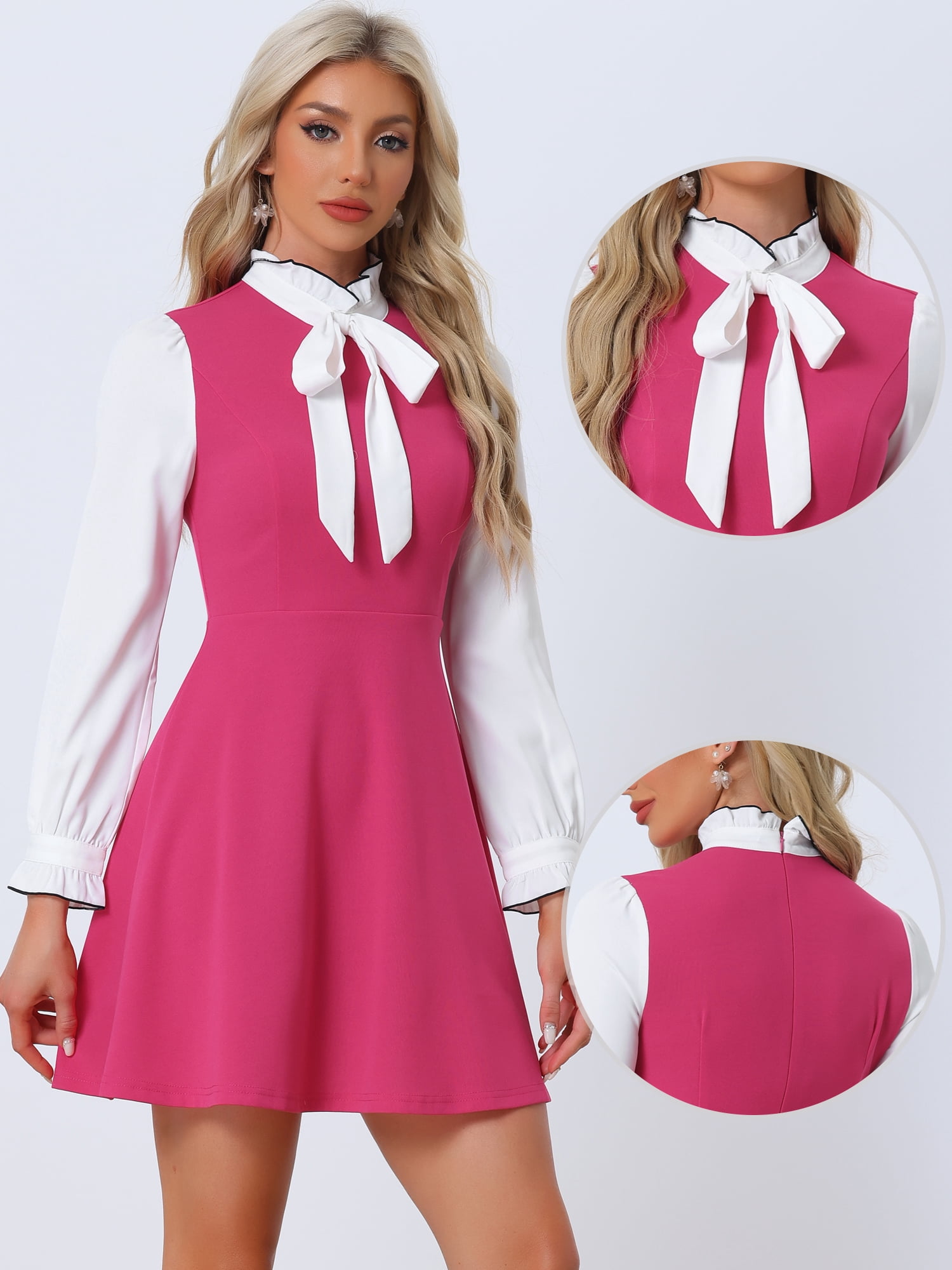 DARING DIVA Contrast Tie Neck Long Sleeve Elegant A-Line Dress L Hot Pink