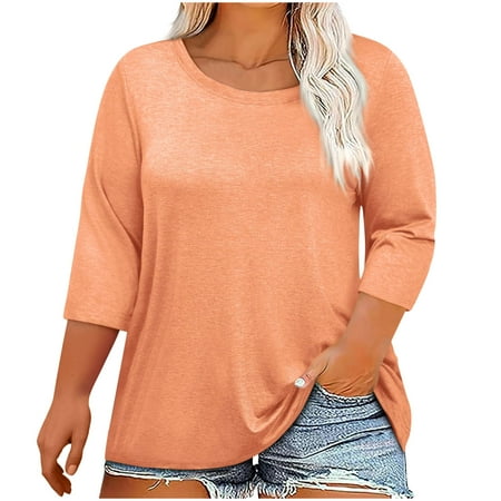 UAMVSH 3/4 Length Sleeve Womens Tops Plus Size Crew Neck Basic Tees Casual Loose Fit Tunic T Shirt Fashion Clothing