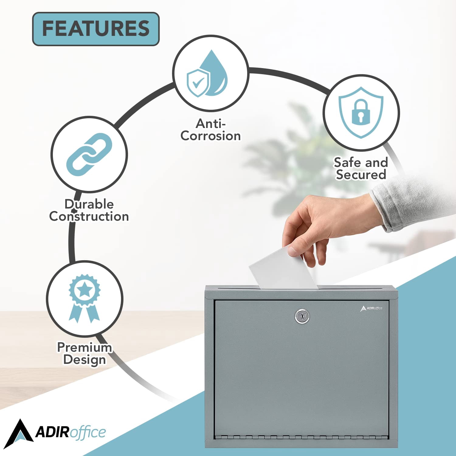 Adir Metal Suggestion Box with Lock and Slot, Wall Mount Deposit Box for Payments and Checks, Mailbox for house, Safe Drop Box with Keys - 3x10x12 Inch Gray