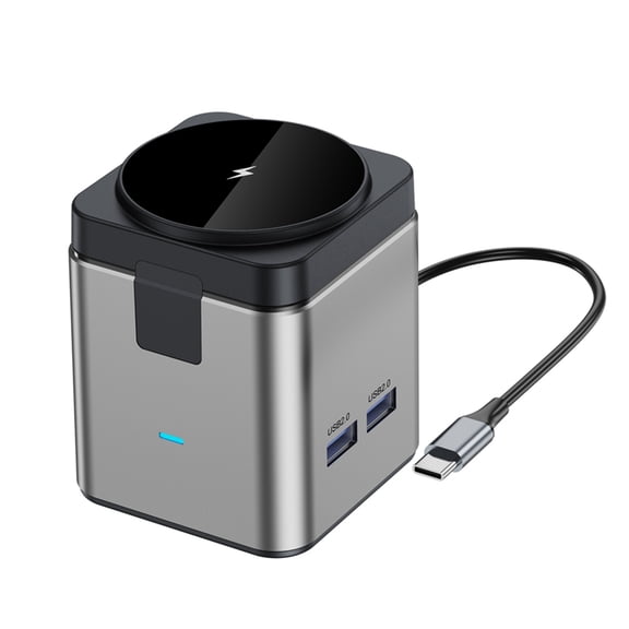 Aluminum seven in One Type-C Docking Station with Magnetic Wireless Charger Stand 15W, USB-C Hub, USB 3.0, USB 2.0, 4K@30Hz, PD100W
