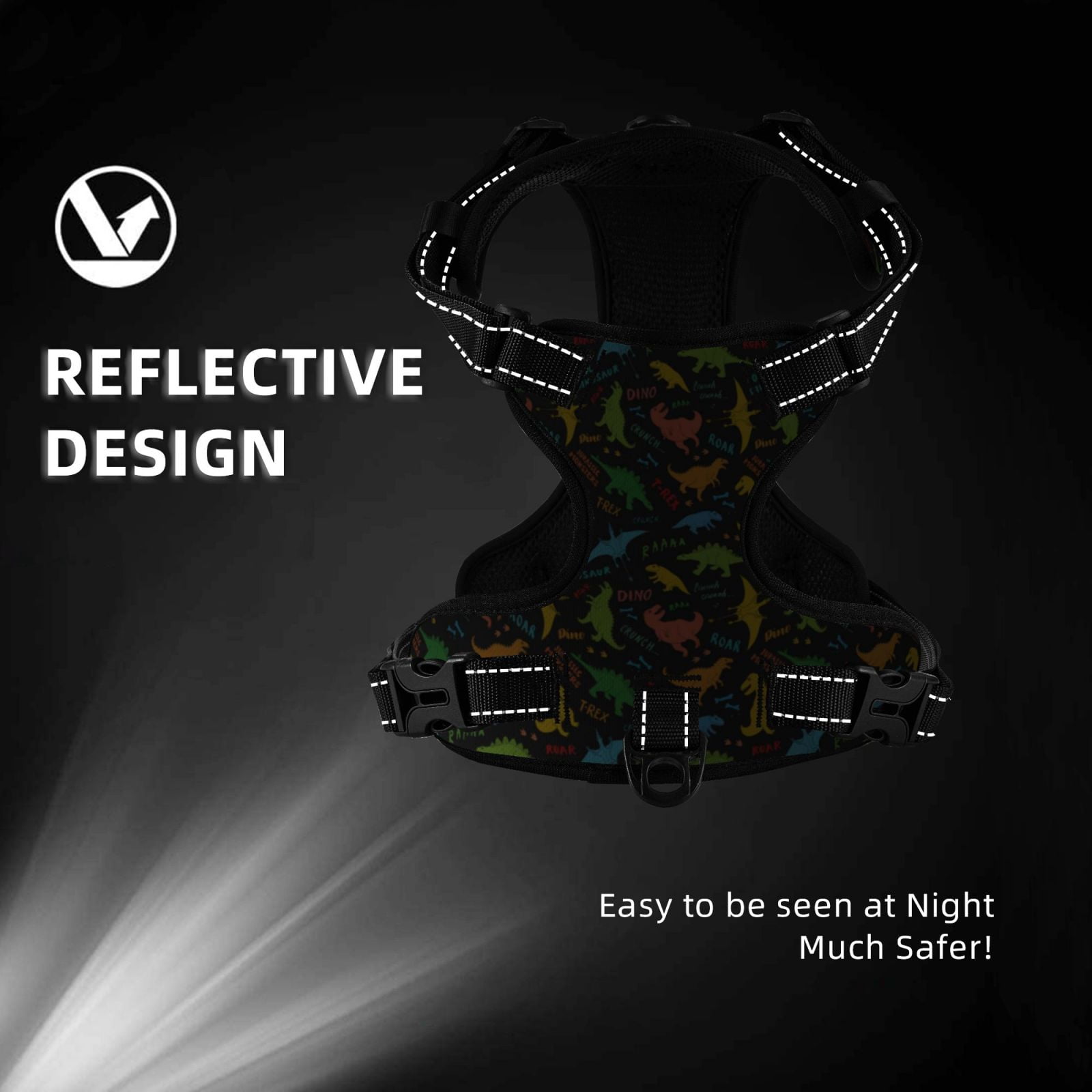 Fuzoiu Cartoon Dino Print Reflective Dog Harness,Adjustable, Breathable Pet Vest,Dog Harness No Pull,No Choke Pet Vest for Small, Medium, and Large Dogs-X-Large