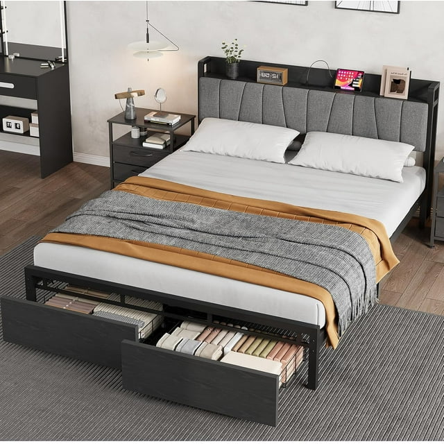 Bingirl Queen Size Bed Frame with Storage Headboard, Industrial Full Platform Bed with 2 Large Drawers and Charging Station, No Box Spring Needed Noise Free