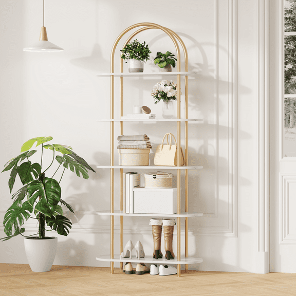 COZONY 5-Tier Bookshelf, 71" Tall Metal Bookcase w/Adjustable Shelves, Arched Design, Modern Display Shelf for Living Room/Bedroom, Gold White