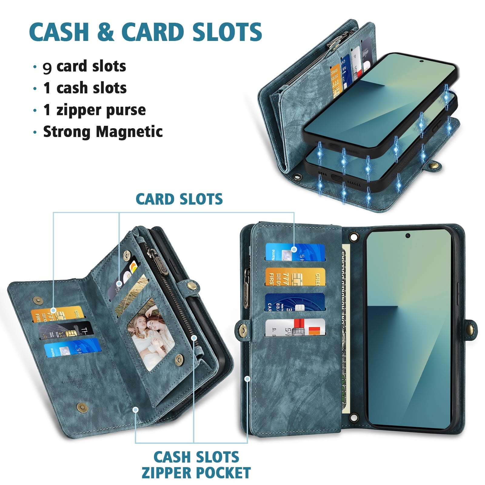 Asuwish Phone Case for Samsung Galaxy Z Fold 7 Zipper Wallet Detachable Cell Cover Crossbody Lanyard Strap Flip Card Holder ZFold Z7 G Fold7 7Z Women Girls Blue