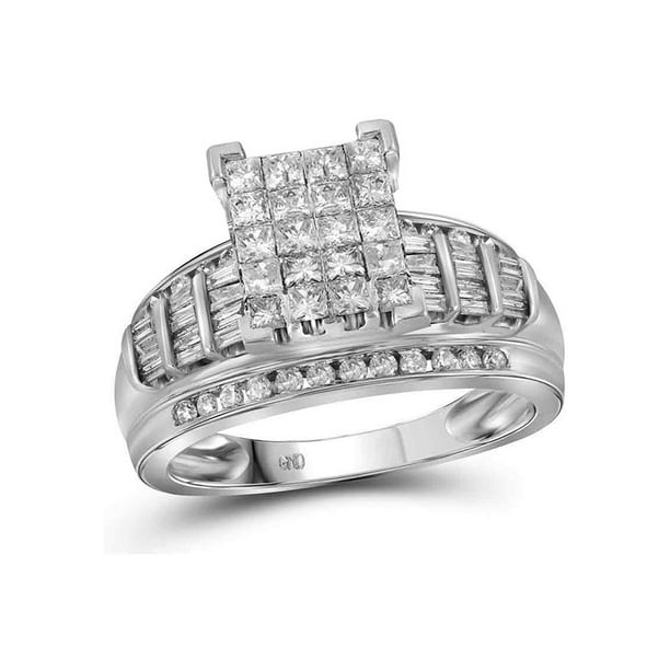10kt Or Blanc Femmes Princesse Diamant Cluster Mariée Bague de Fiançailles de Mariage 2.00 Cttw - Taille 11
