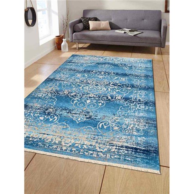 3 ft. 11 in. x 5 ft. 10 in. Machine Woven Crossweave Polyester Oriental Rectangle Area Rug, Blue