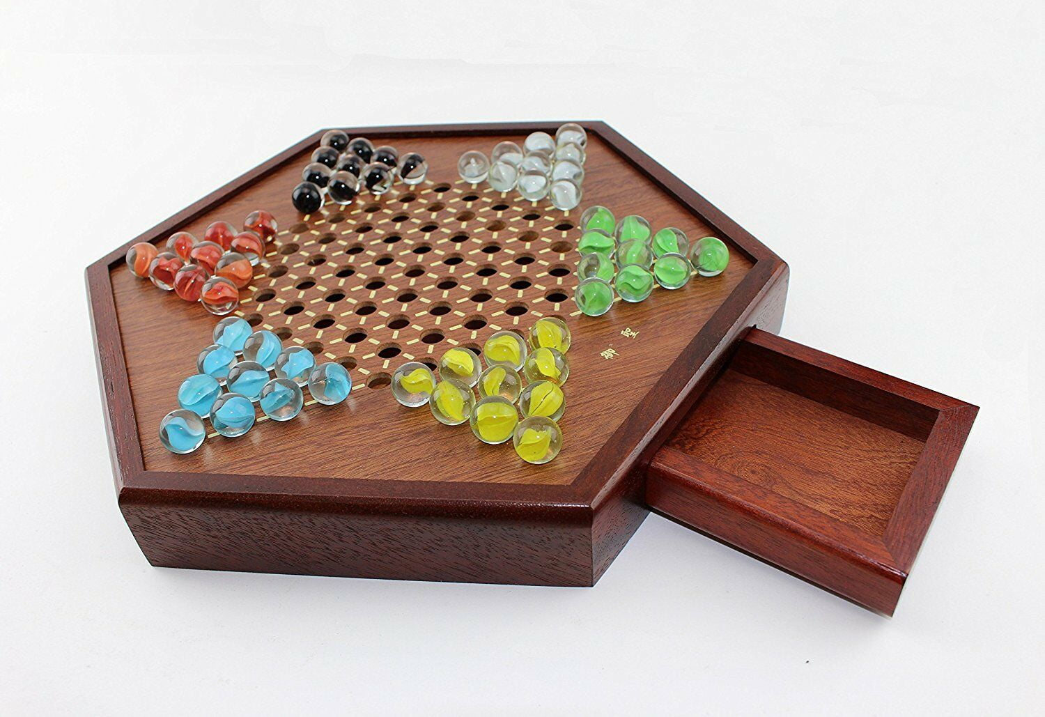 Wooden Chinese Checkers Board Game Set with Drawers and Marbles Kt00216