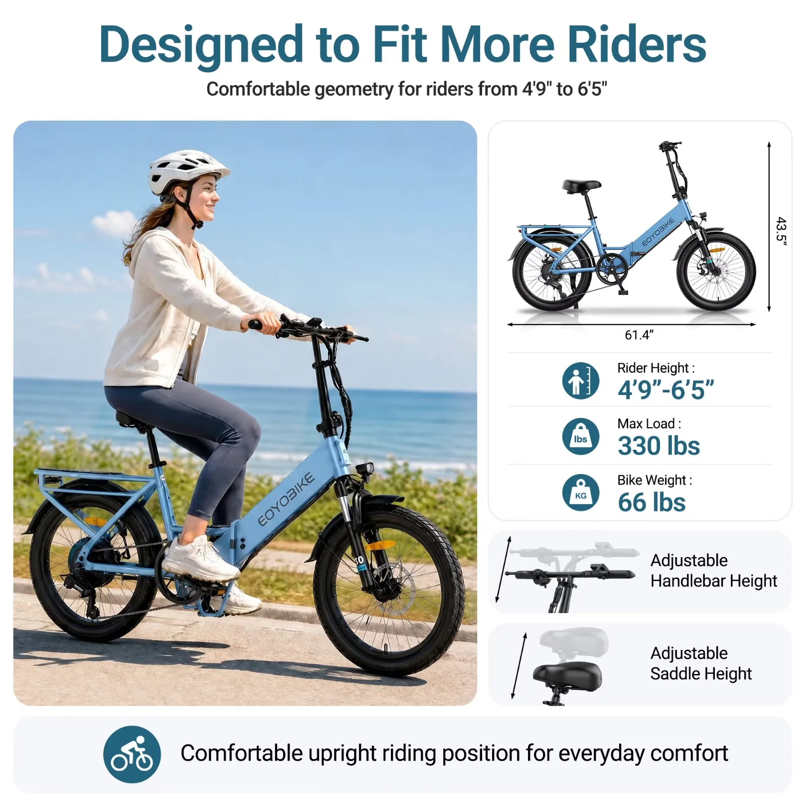 Lilypelle Folding Electric Bicycle for Adults, 20"×3.0 Fat Tire 7 Speed Step-Thru Electric Cargo Bicycle, 500Wh Built-in detachable battery, Peak 1000W Rear Motor，20MPH, Fits for 4'9" to 6'5"