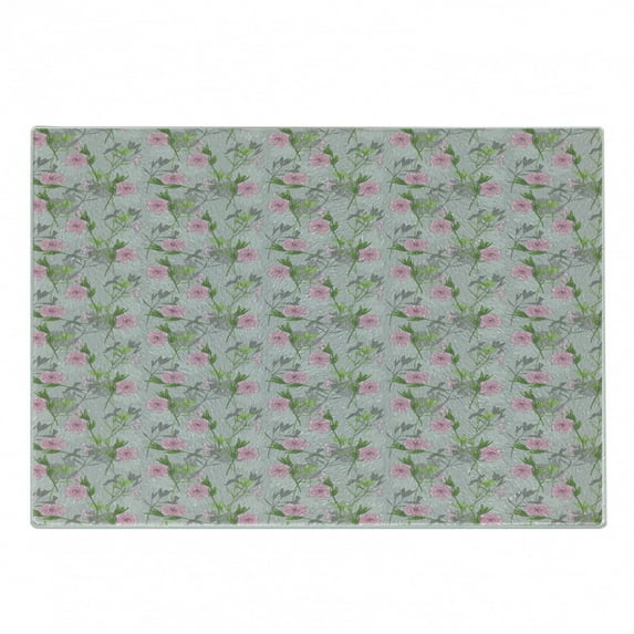 Spring Cutting Board, Pink Blossoms Green Stems and Leaves Flourishing Garden Growth with Silhouettes, Decorative Tempered Glass Cutting and Serving Board, in 3 Sizes, by Ambesonne