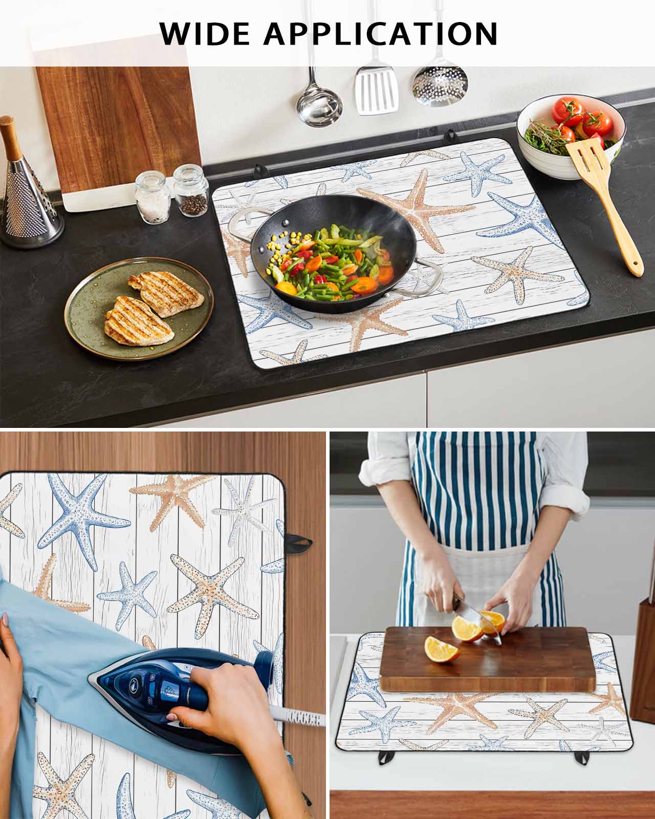 nqOlkjepod Large Induction Cooktop Protector Mat 36"x21", Orange Blue Starfish Stove Top Covers for Electric Stove, Summer Beach Coastal Wooden Stove Burner Cover Mats, Glass Top Stove Cover