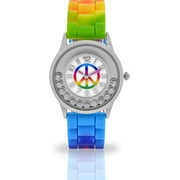 Accutime Watch Unisex Child Rainbow Band and Strap Peace Sign with Floating Stones Analog Watch, 60206WM