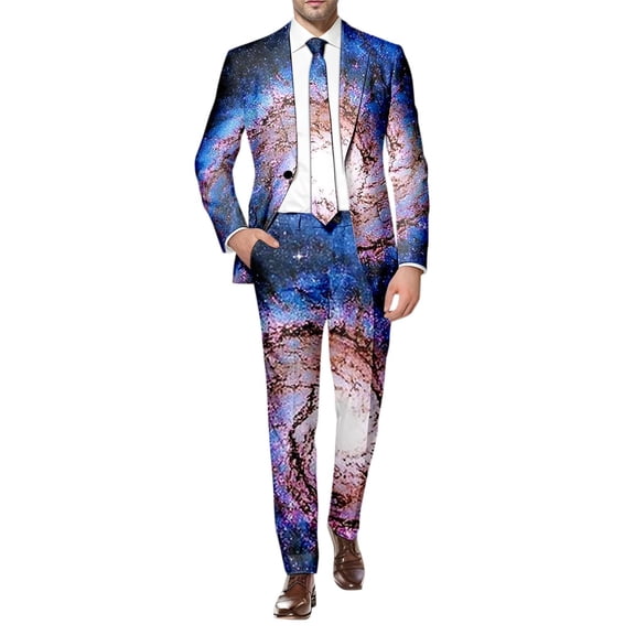 CONZONE Mens 2 Peice Suit Set Casual Dress Suit for Men Galaxy Graphic Long Sleeve Blazer Pants Elegant Slim Fit Party Wedding Business Set