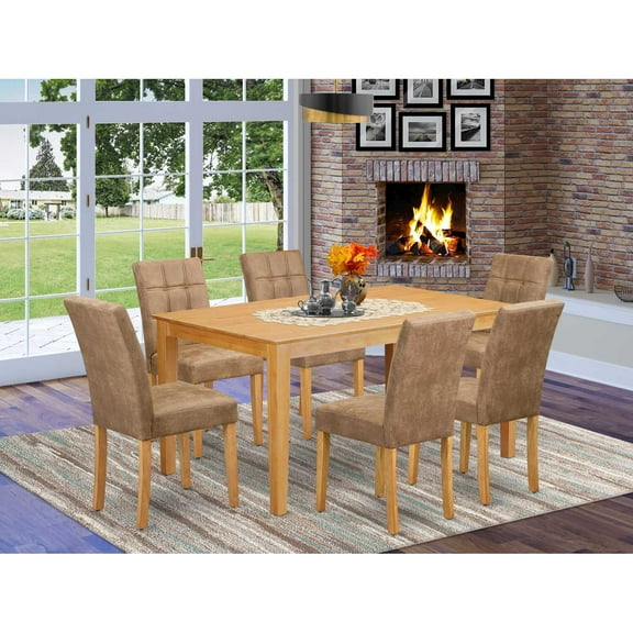 East West Furniture 7 Piece Dining Room Table Set consists A Mid Century Modern Dining Table