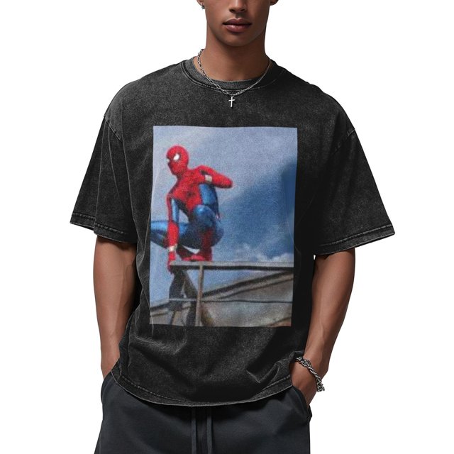 Spider-Man 210g Men's Crew Neck Washed Short Sleeve T-Shirt - Hot Stamping