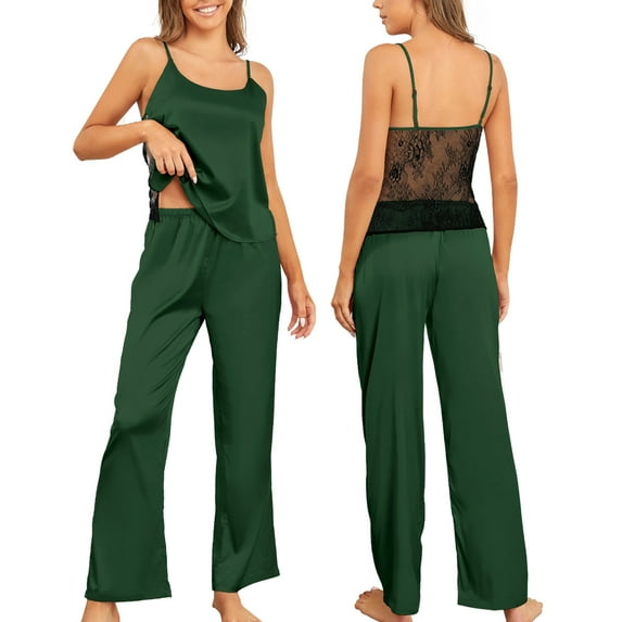 Womens Sexy Pajamas Silk Satin Sleepwear Lace Backless Camisole Pants Nightwear Scoop Neck PJ Set for Women Classic Loungewear
