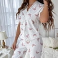 thumbnail image 4 of QQAMB Women Lounge Set Two Piece Pajamas Casual Print Short Sleeve Nightwear Sets Loose Lace V-Neck Sleepwear Set Pink M, 4 of 8
