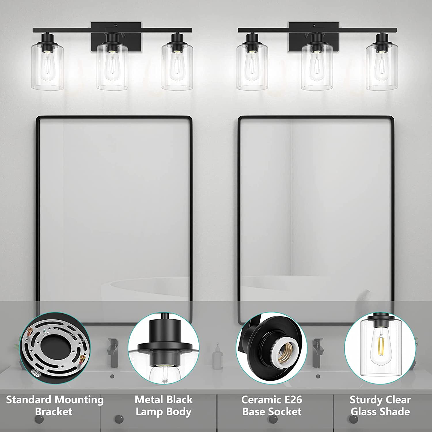 Bathroom Light Fixtures 3 Light Matte Black Vanity Light Vintage Wall Sconces Lighting Modern Bath Wall Mounted Lights with Glass