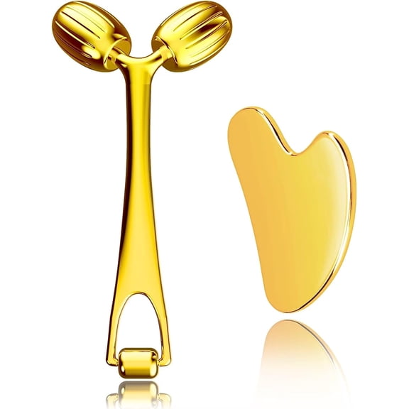 Yeamon Face Roller and Gua Sha Set Stainless Steel Facial Roller， SPA Roller Massage Tools Set for Facial Eye Skin Body, Anti-Aging Skin Care for Women