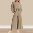thumbnail image 3 of Pantalones Conjuntos de salón de otoño para mujer Traje casual de 2 piezas con dobladillo con volantes Traje diario de pierna ancha Kuymtek Caqui L para Mujer, 3 of 6