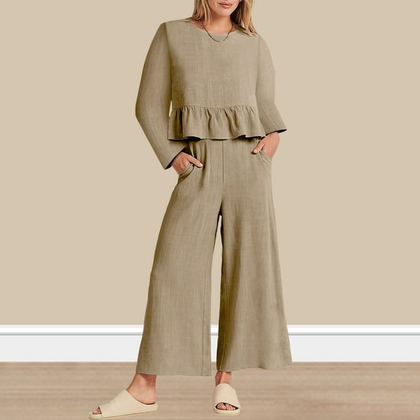 Pantalones Conjuntos de salón de otoño para mujer Traje casual de 2 piezas con dobladillo con volantes Traje diario de pierna ancha Ygjytge Caqui L para Mujer
