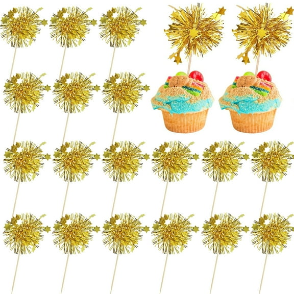 30 Pcs Sparkle Firework Cake Toppers Gold Foil Tassel Cupcake Picks Tinsel Star Cake Decorations Drink Stirrers Fruit Toothpicks for Christmas Wedding Birthday Party Decor By Scheam