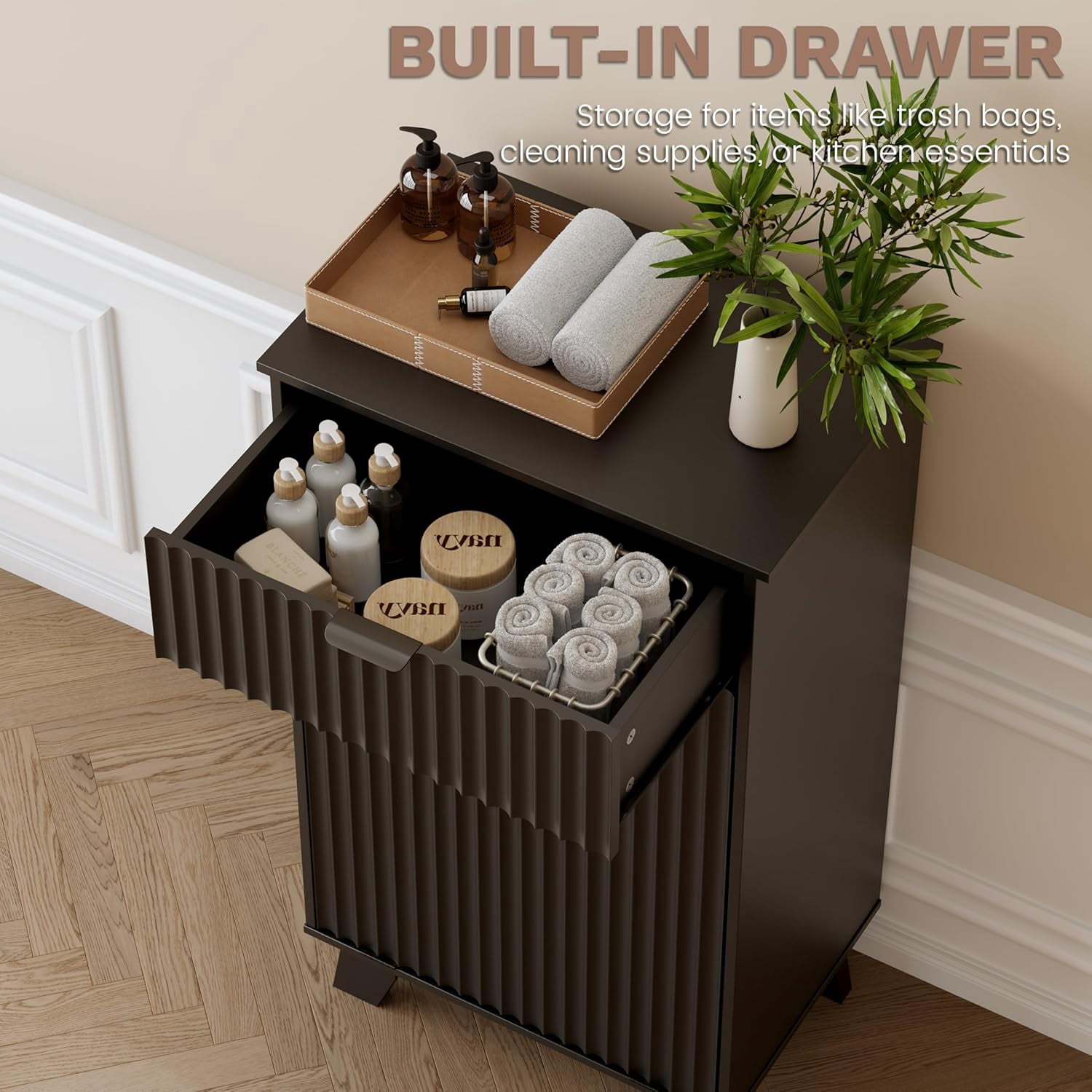 FANRAL Single Tilt Out Laundry Hamper Cabinet,10 Gallon Wooden Hidden Storage Cabinet,Fluted Trash Can for Bathroom Kitchen Living Room,Black Laundry Basket Cabinet