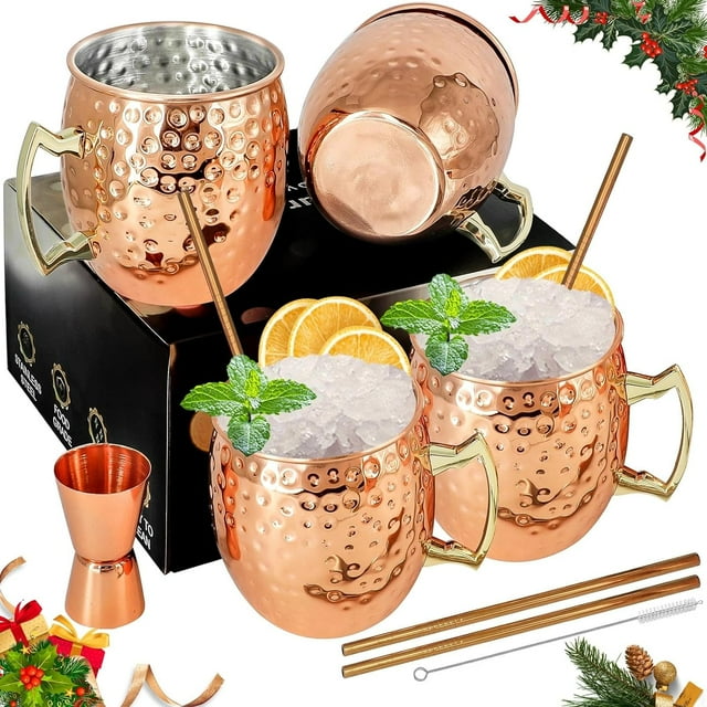 Moscow Mule - Juego de 4 tazas de cobre para mule, con mango, tazas de cobre martillado con doble jigger, popotes de acero inoxidable, cuchara para bebidas frías