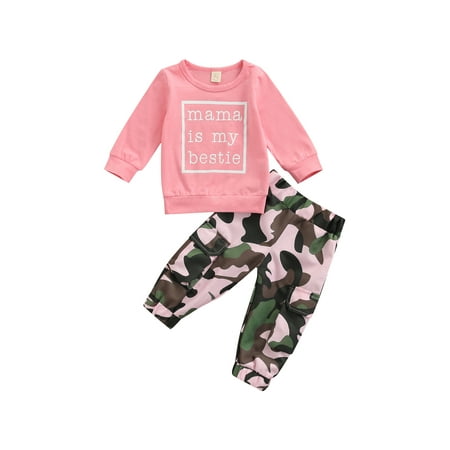 

Jkerther Baby Girls Clothes Set Letter Print Tops+Camouflage Trousers with Pockets