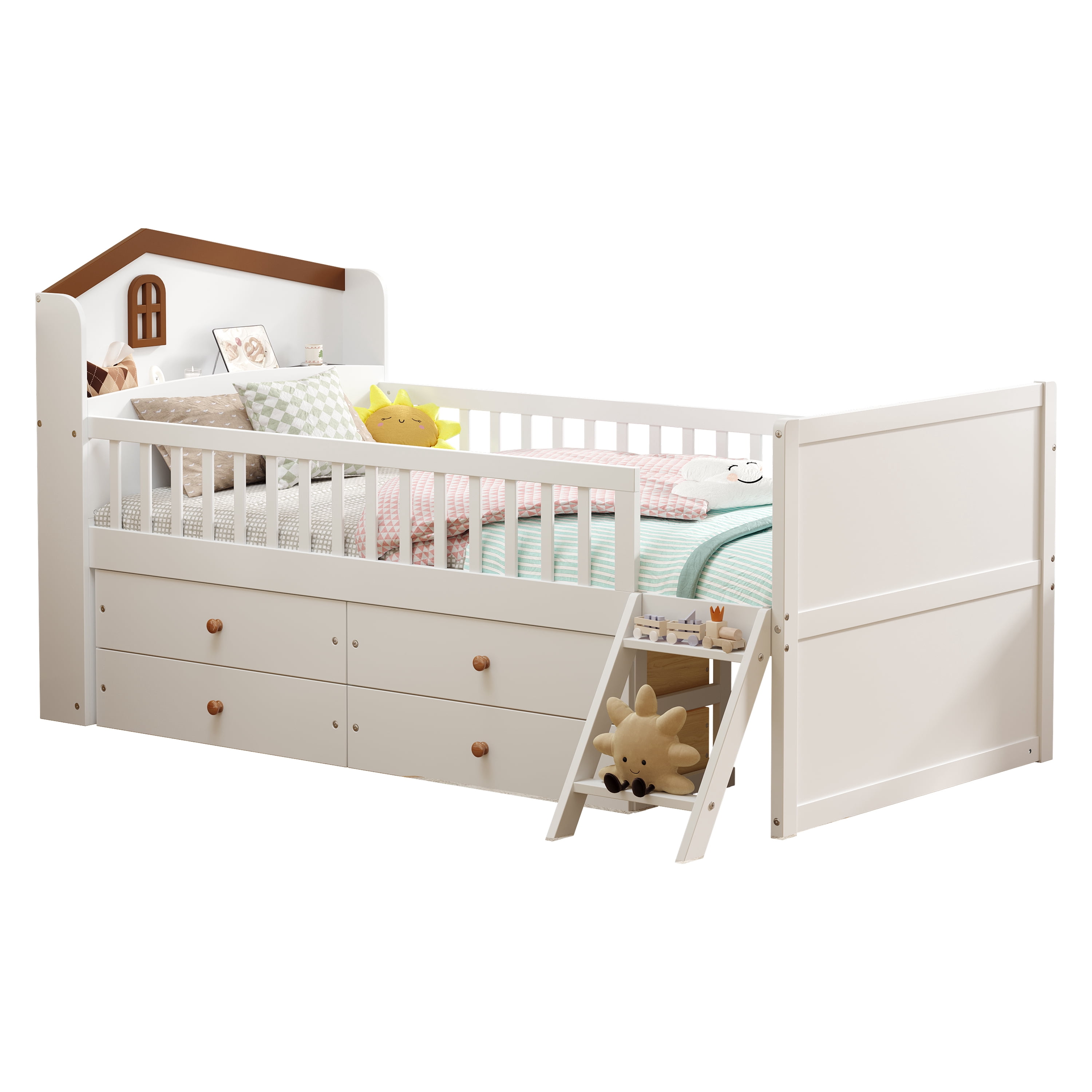 Euroco Wood Twin Size Platform Bed with Drawers, House Bed with Storage and Ladder, White