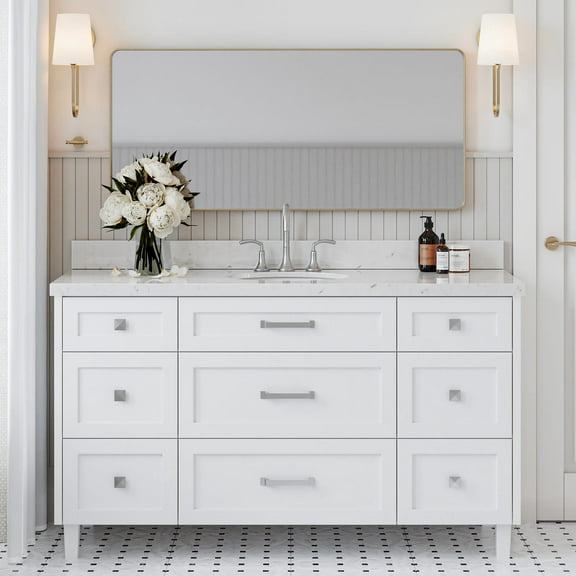 ARIEL Monroe 60 Inch Single Oval Sink Bathroom Vanity With Carrara White Quartz Countertop 1.5 Inch Edge In White