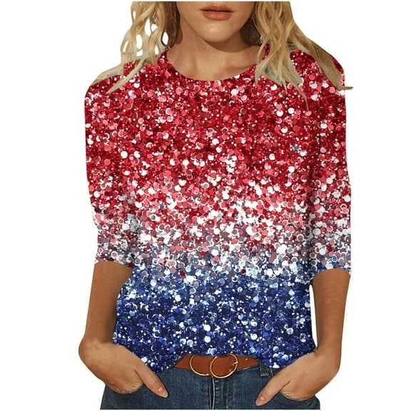 CFLVAEK Plus Size 4th of July Shirts Women 2025 Novelty Red White and Blue Glitter Graphic T Shirts Casual 3/4 Sleeve Crewneck Tshirts Independence Day Tops XXL