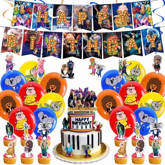35 Pcs Sing Movie Birthday Party Supplies Decoration Set Banners ,Balloons, Cake Topper, Cupcake Toppers,Hanging Swirls