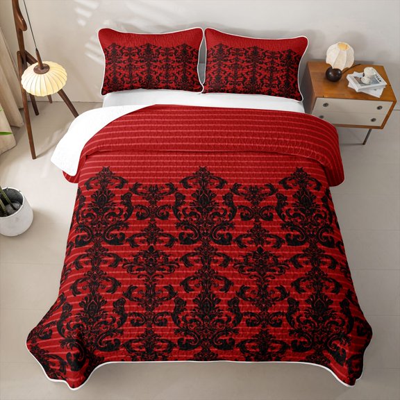 Erosebridal Classic Damask Flower Twin Quilt Set for Women Girls, Boho Line Stripe Twin Coverlet Set, 2-Piece