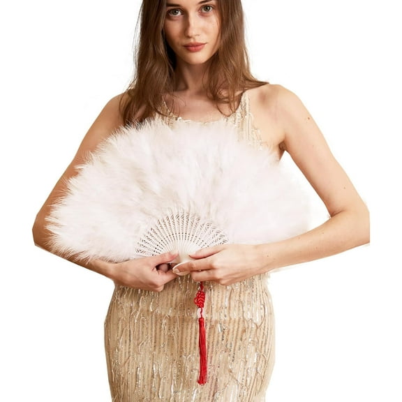 Handheld Marabou Feather Fan, 1920s Vintage Style Flapper Hand Fan for Costume Party and Dancing-White