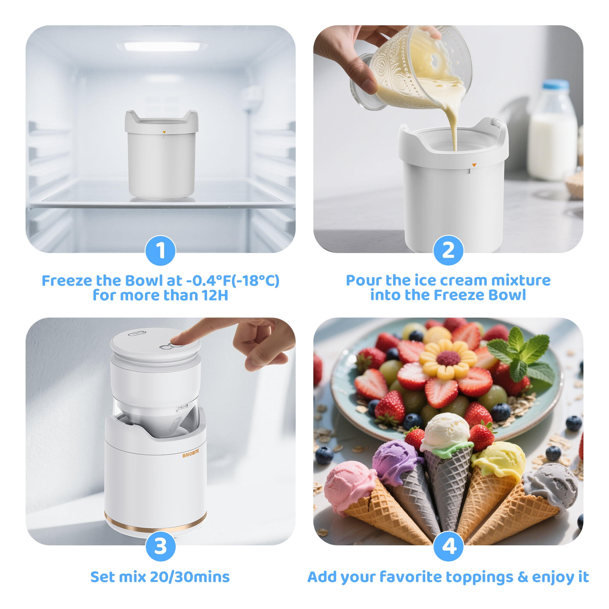 Briobite 0.5 Qt Rechargeable White Mini Soft Serve Ice Cream Maker