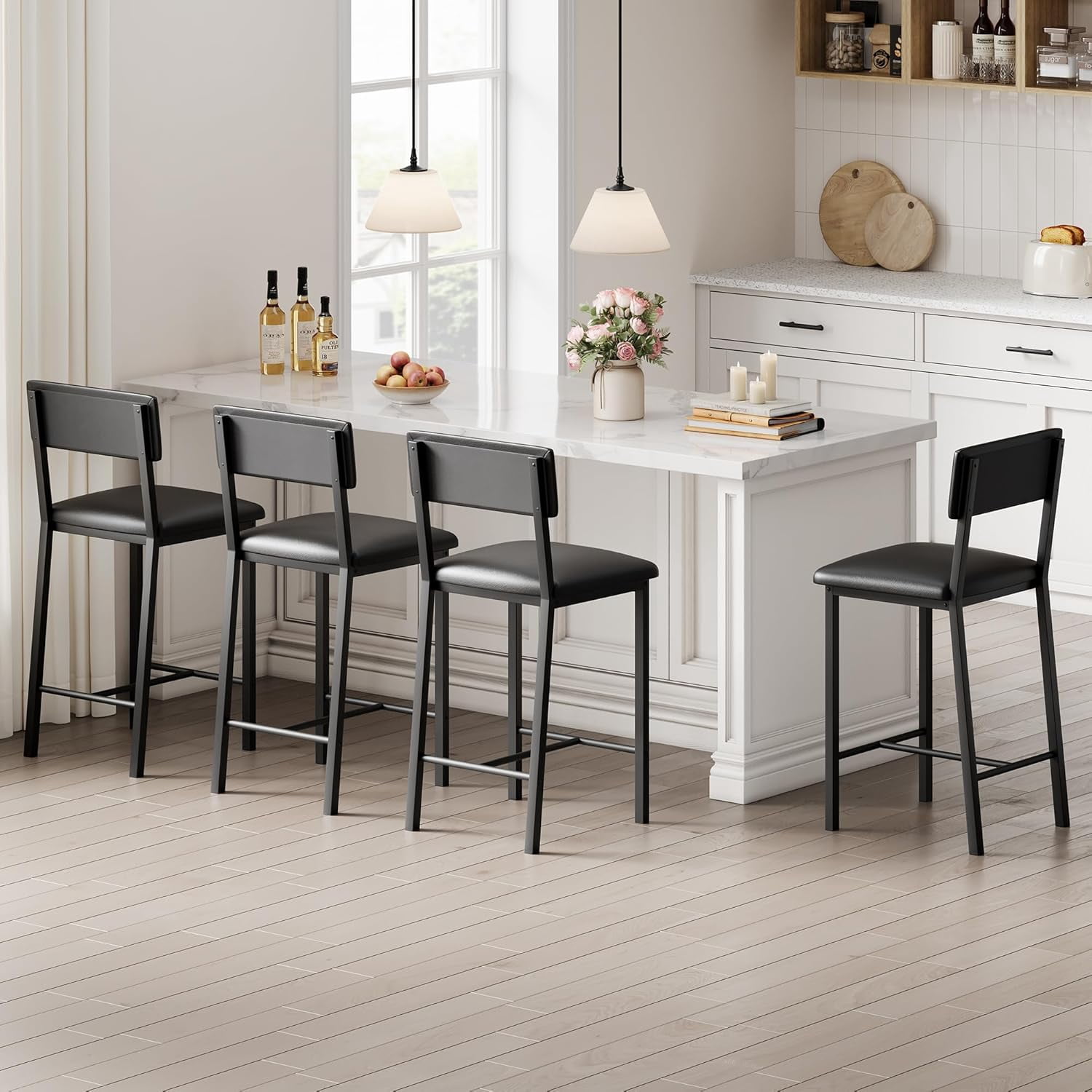 Bar Stools,25 Inch Counter Height Bar Stools Set of 4,Modern Faux Leather High Barstools with Footrest,Back and Metal Leg,Bar Chairs for Kitchen Island,Bar