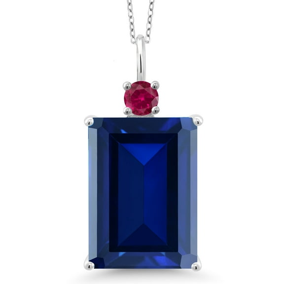 Gem Stone King 925 Sterling Silver Blue Created Sapphire and Red Created Ruby Pendant Necklace for Women (17.75 Cttw, Emerald Cut 18X13MM, With 18 inch Silver Chain)