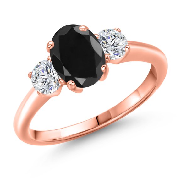 Gem Stone King 2.20 Ct Oval Black Sapphire G/H Lab Grown Diamond 18K Rose Gold Plated Silver Ring