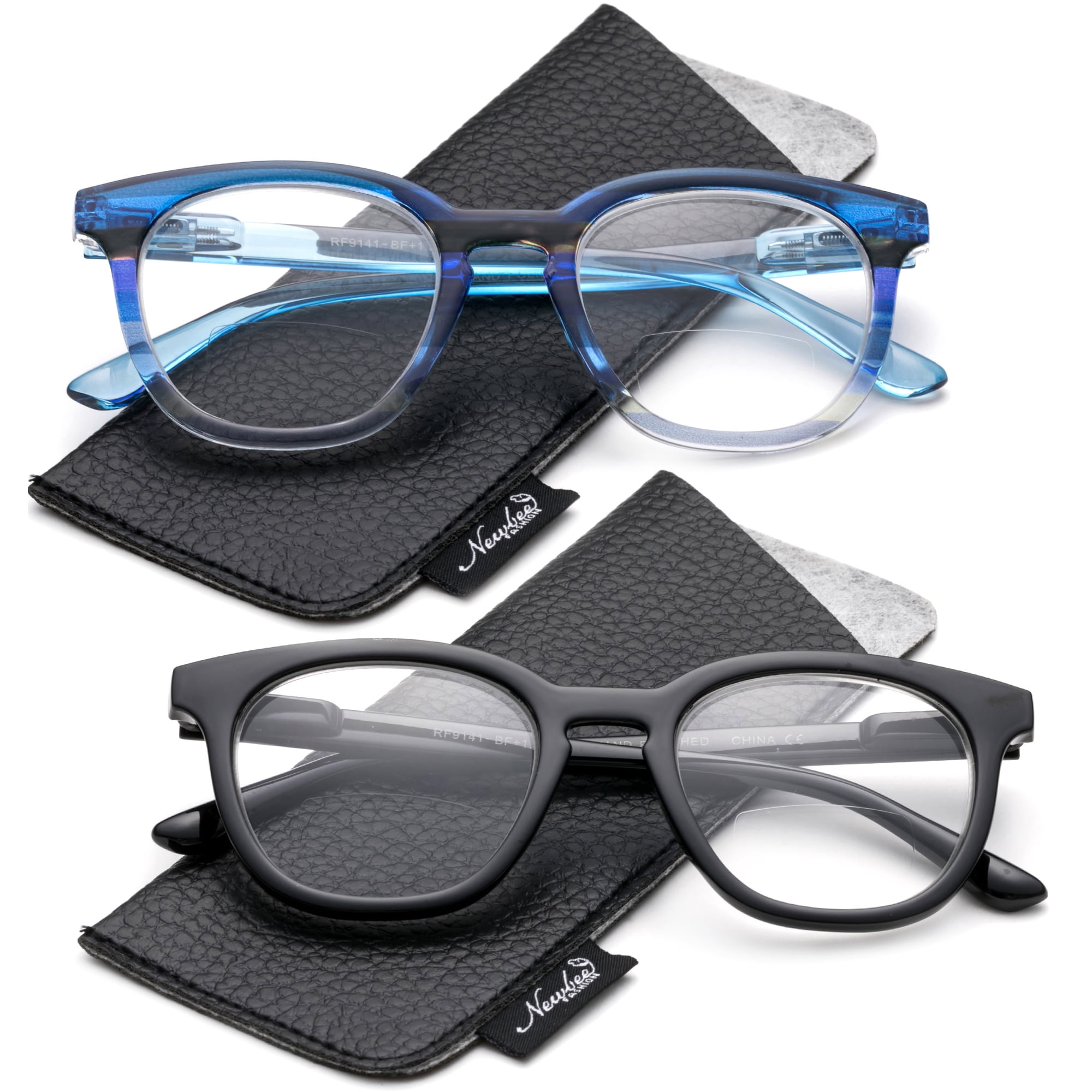 Newbee Fashion Round Frame Bifocal Reading Glasses with Pouch, 2 Pack
