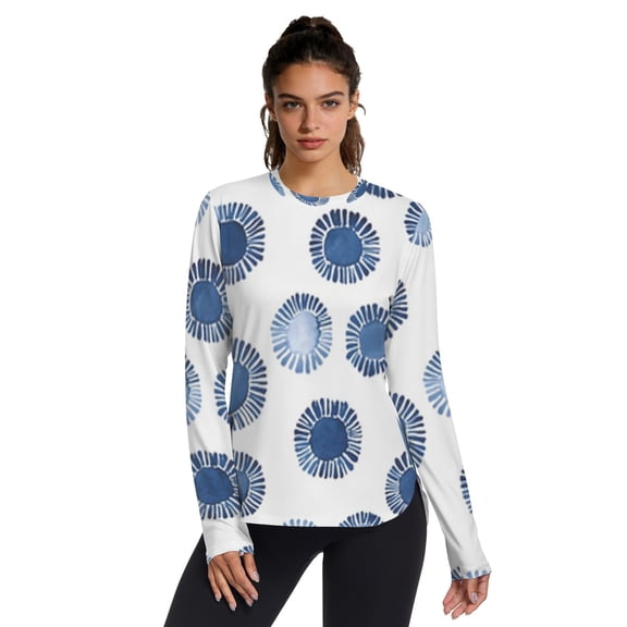 Indigo Blue Print on White Women UPF 50 UV Shirts Long Sleeve with Thumb Holes Workout Sun Shirt Quick Dry Athletic Hiking Tops