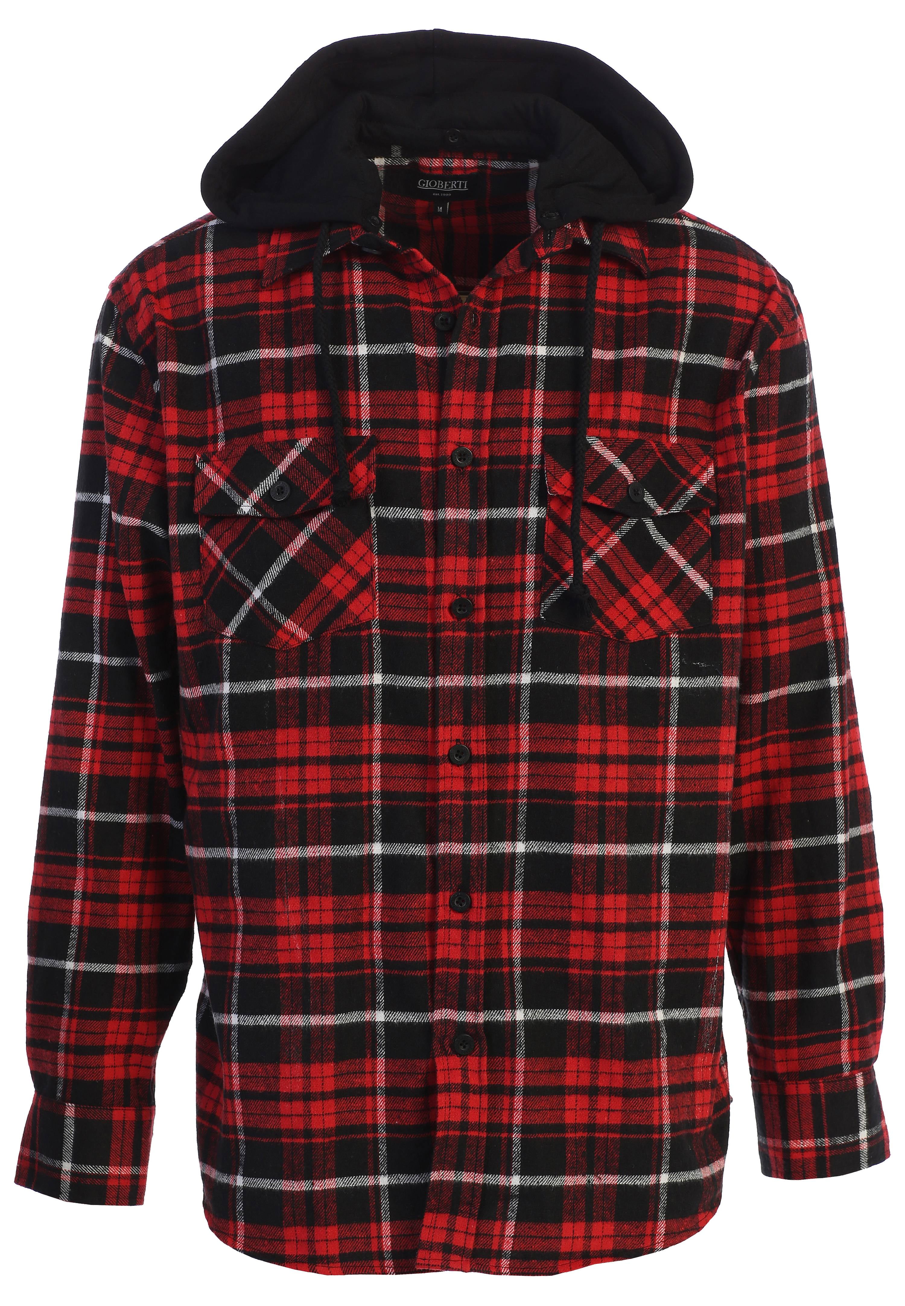 red and black plaid jacket with hood