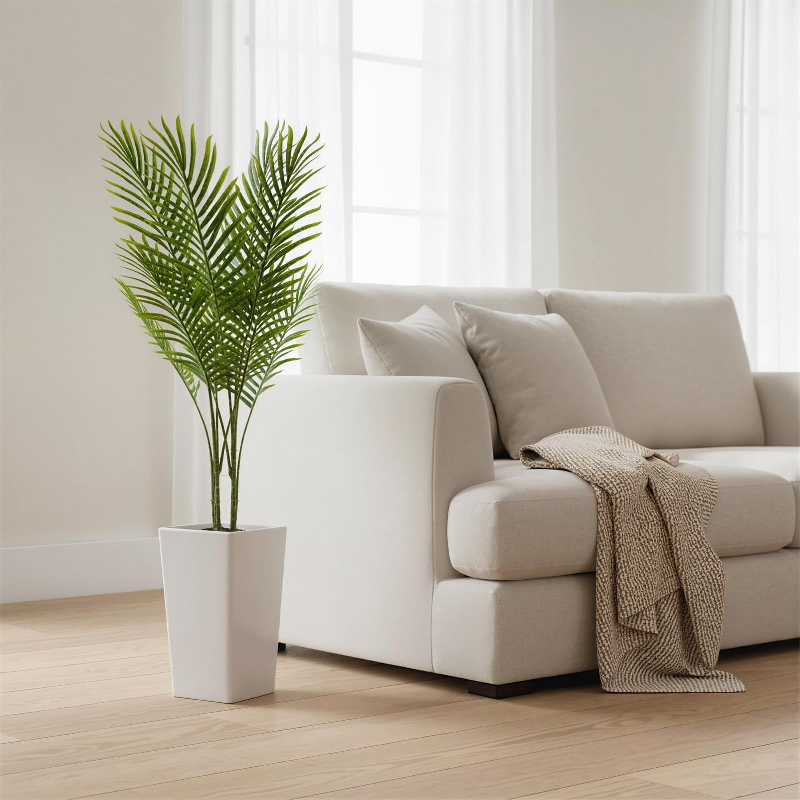 Accreate Artificial Palm Tree, Tall Faux Tropical Areca Plants with White Tall Planter, Fake Potted Tree with Lifelike Leaves for Indoor Living Room Bedroom Home Office Decor