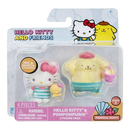 Hello Kitty and Friends Tropical Party 2 Figure Pack - 2 inch Hello Kitty and Pompompurin Figures with Two Accessories